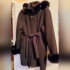 Prodi Black Coat with Black And White Real Fox Fur Trimmed Hood And Cuffs
